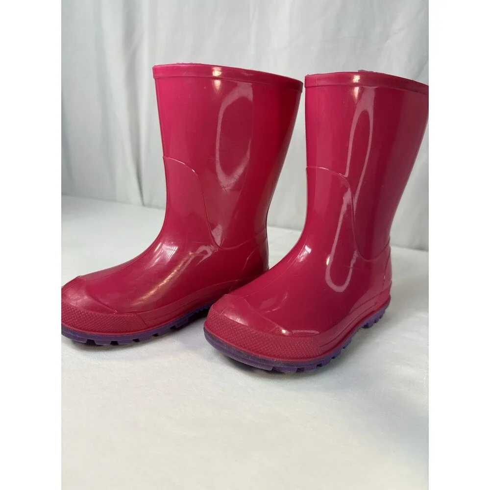 Kids Pink Rubber Rain Boots Purple Sole Mid-Calf Pull On Size 7-8
